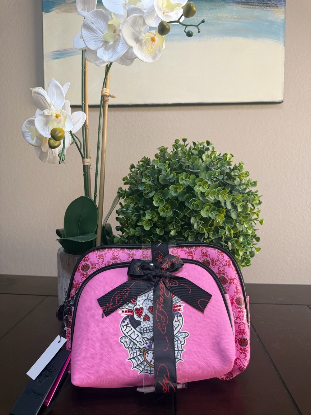 Ed Hardy Pink Heart Skull Cosmetic Bag
